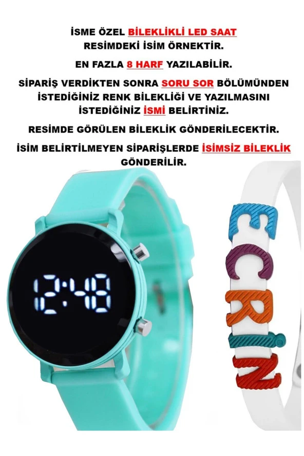 Mint Yeşil Silikon Kordon Yuvarlak Kasa Beyaz İsimli Bileklikli Şirin Tasarım Çocuk Led Saat SU-1113 ürün görseli 1