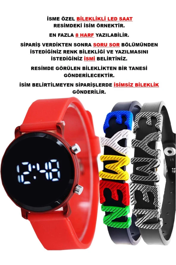 Kırmızı Silikon Kordon Yuvarlak Kasa İsimli Bileklikli Şık Şirin Tasarım Çocuk Led Saat SU-1111 ürün görseli 1