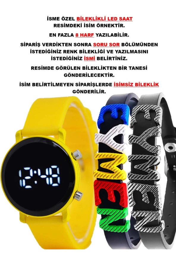 Sarı Silikon Kordon Yuvarlak Kasa İsimli Bileklikli Şık Şirin Tasarım Çocuk Led Saat SU-1110 ürün görseli 1