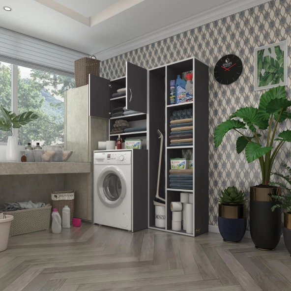 Kenzlife çamaşır makinesi dolabı hayzumsüpürge gri 180*126*55 banyo kiler çift kapaklı arkalıklı ürün görseli 1