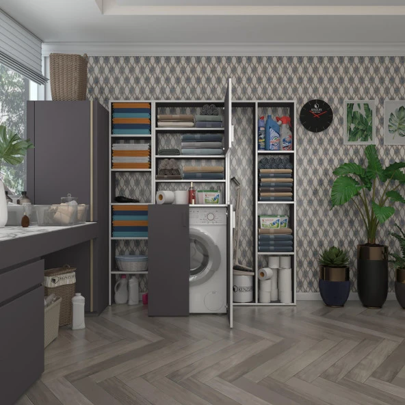 Kenzlife çamaşır makinesi dolabı kasparovmega gri 180*156*55-20 banyo kapaklı arkalıksız ürün görseli 1