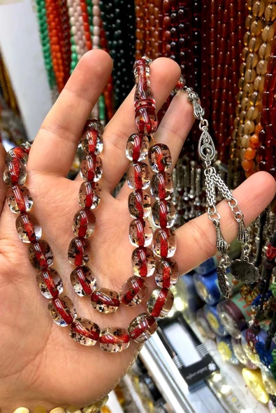 Kırmızı Renk Çay Fosili İri Taneli Toz Kehribar Tesbih ürün görseli 1