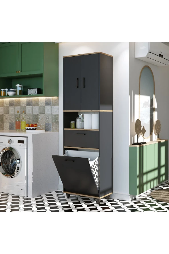 ROOMART Çamaşır Sepetli Banyo Dolabı, Çok Amaçlı Çekmeceli Dolap 60 x 200 cm ürün görseli 1