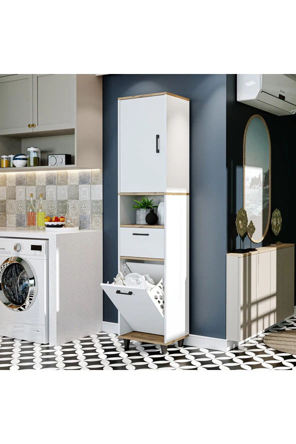ROOMART Çamaşır Sepetli Banyo Dolabı, Çok Amaçlı Çekmeceli Dolap 45 x 200 cm ürün görseli 1