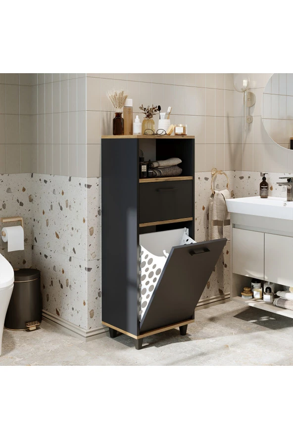 ROOMART Çamaşır Sepetli Banyo Dolabı, Çok Amaçlı Çekmeceli Dolap 45 cm ürün görseli 1