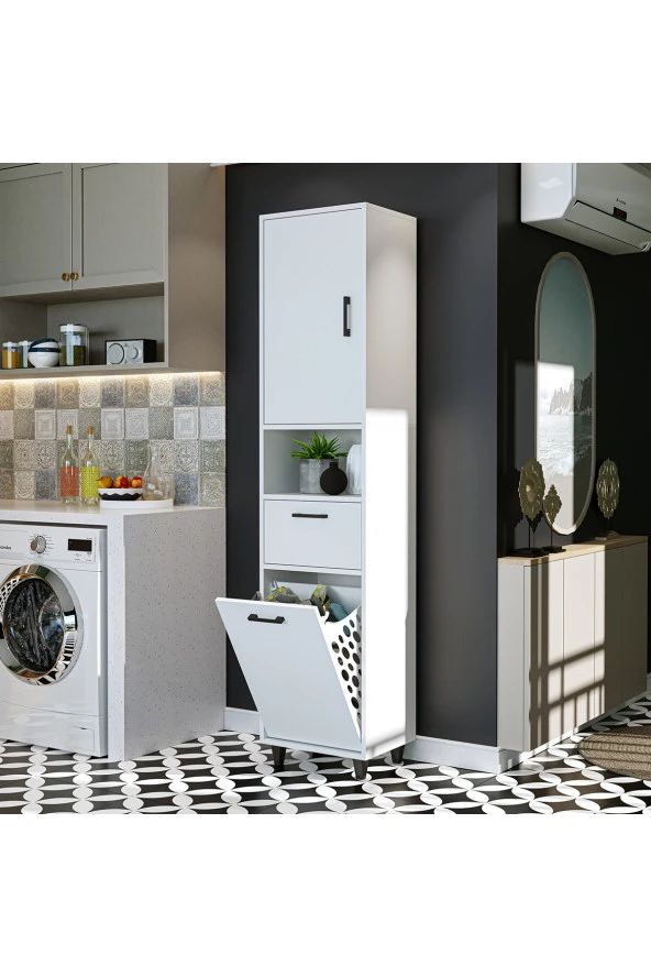 ROOMART Çamaşır Sepetli Banyo Dolabı, Çok Amaçlı Çekmeceli Dolap 45 x 200 cm ürün görseli 1