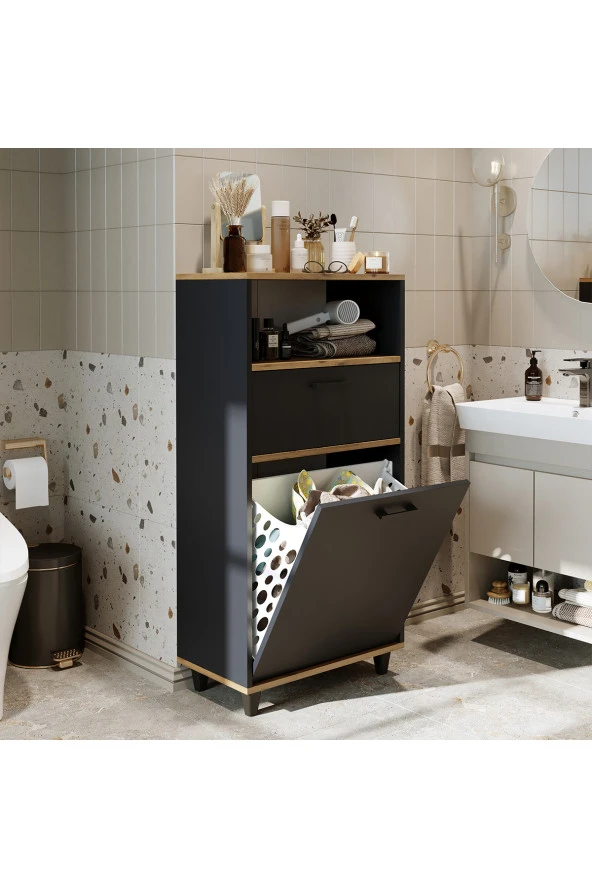 ROOMART Çamaşır Sepetli Banyo Dolabı, Çok Amaçlı Çekmeceli Dolap 60 cm ürün görseli 1