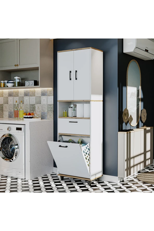 ROOMART Çamaşır Sepetli Banyo Dolabı, Çok Amaçlı Çekmeceli Dolap 60 x 200 cm ürün görseli 1
