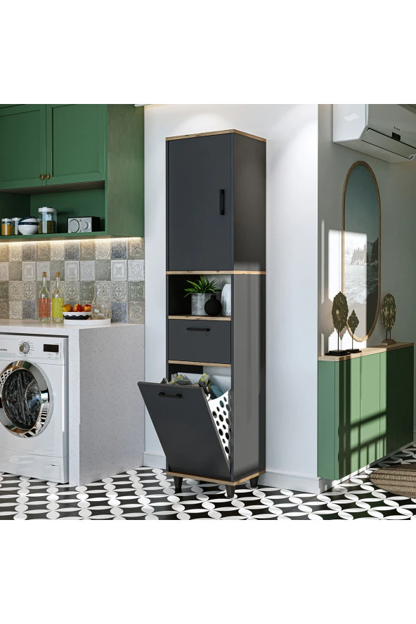 ROOMART Çamaşır Sepetli Banyo Dolabı, Çok Amaçlı Çekmeceli Dolap 45 x 200 cm ürün görseli 1