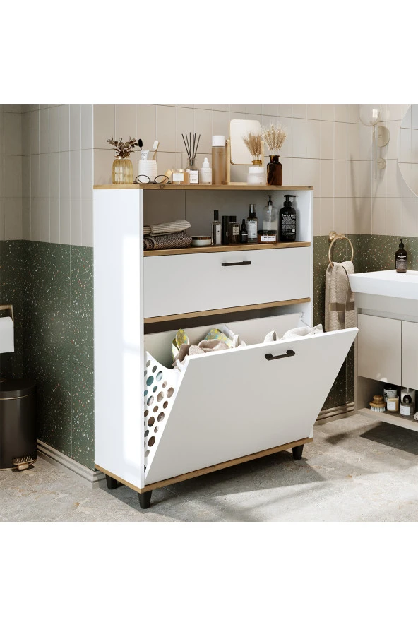 ROOMART Çamaşır Sepetli Banyo Dolabı, Çok Amaçlı Çekmeceli Dolap 90 cm ürün görseli 1