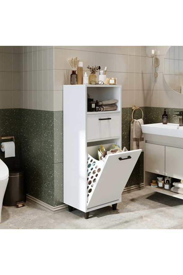 ROOMART Çamaşır Sepetli Banyo Dolabı, Çok Amaçlı Çekmeceli Dolap 45 cm ürün görseli 1