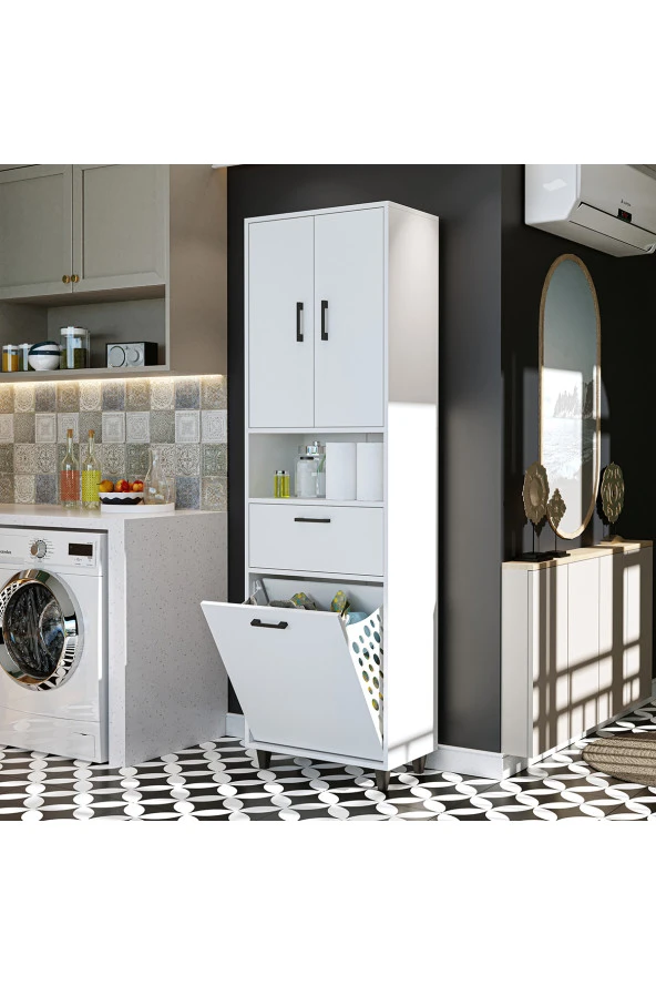 ROOMART Çamaşır Sepetli Banyo Dolabı, Çok Amaçlı Çekmeceli Dolap 60 x 200 cm ürün görseli 1