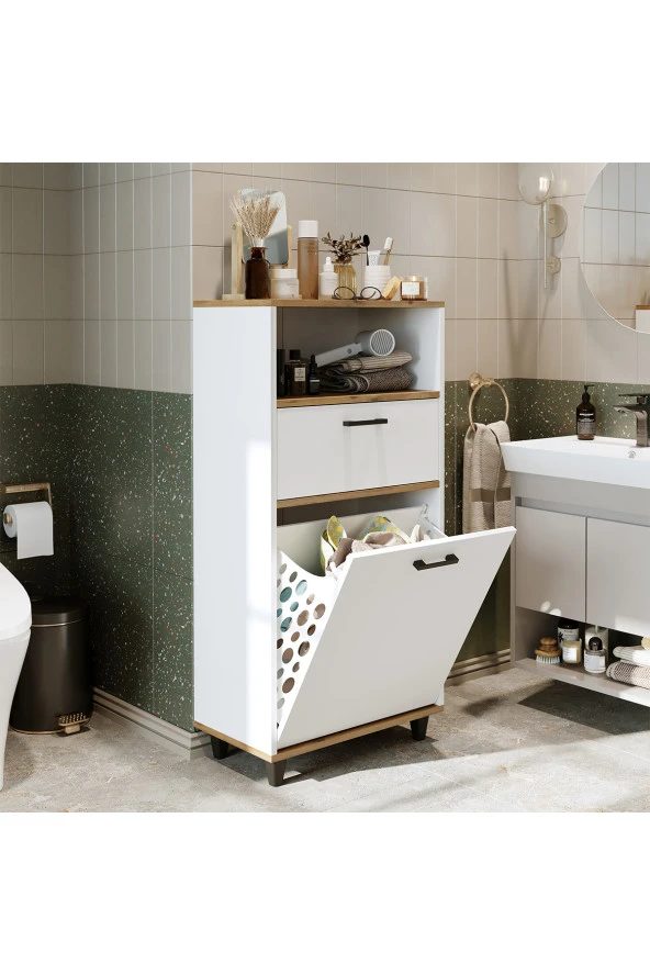 ROOMART Çamaşır Sepetli Banyo Dolabı, Çok Amaçlı Çekmeceli Dolap 60 cm ürün görseli 1