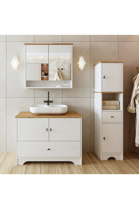 ROOMART Oval Lavabolu Mat Beyaz Mdf 100 Cm Çekmeceli Banyo Dolabı + Aynalı Üst Dolabı + Boy Dolabı ürün görseli 1