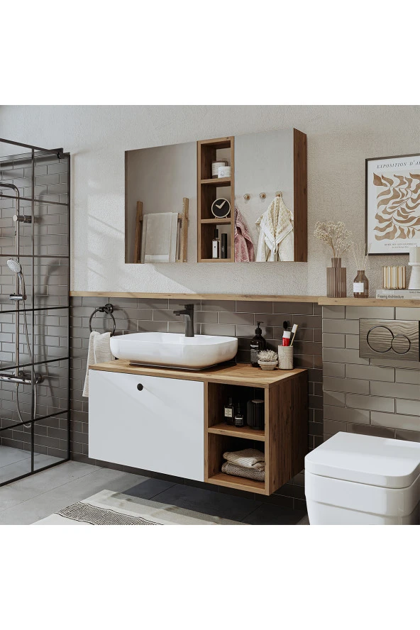 ROOMART Ayaksız Lavabolu Mdf 95 Cm Çekmeceli Lotus Oval Lavabolu Banyo Dolabı + Aynalı Üst Dolabı ürün görseli 1