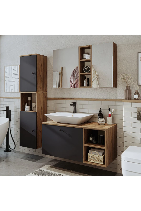 ROOMART Lavabolu Mdf 95 Cm Lotus Çekmeceli Banyo Dolabı + Aynalı Üst Dolabı + Banyo Boy Dolabı ürün görseli 1