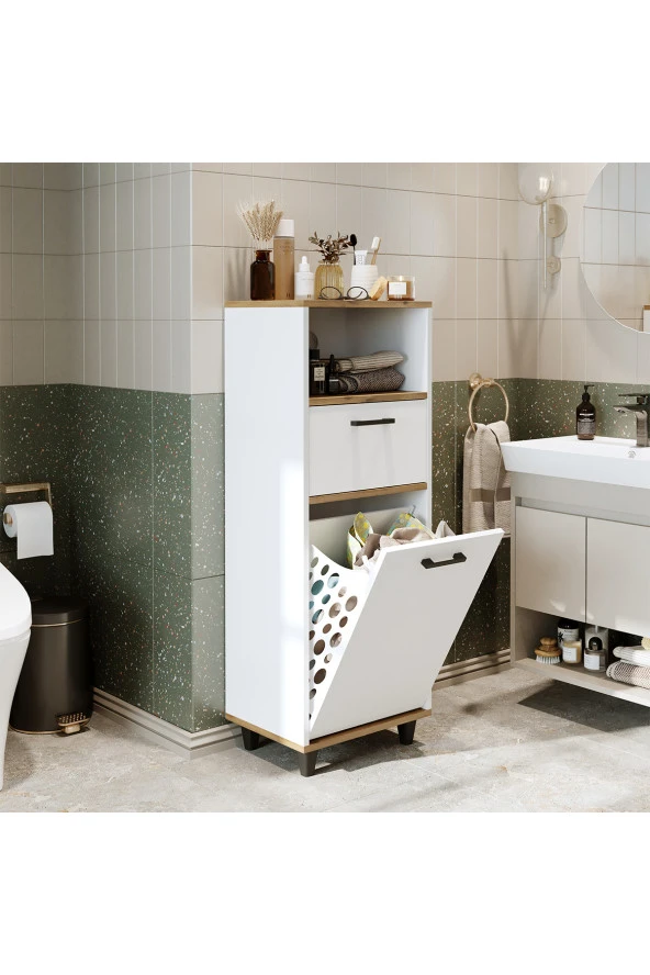 ROOMART Çamaşır Sepetli Banyo Dolabı, Çok Amaçlı Çekmeceli Dolap 45 cm ürün görseli 1
