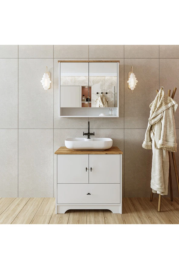 ROOMART Oval Lavabolu Mat Beyaz Mdf 80 Cm Çekmeceli Banyo Dolabı + Aynalı Üst Dolabı ürün görseli 1