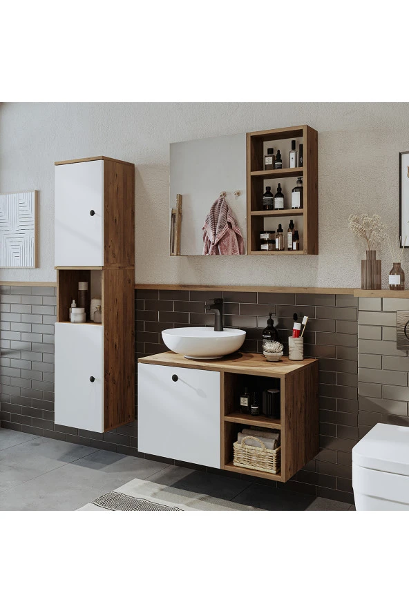 ROOMART Lavabolu Mdf 75 Cm Lotus Çekmeceli Banyo Dolabı + Aynalı Üst Dolabı + Banyo Boy Dolabı ürün görseli 1