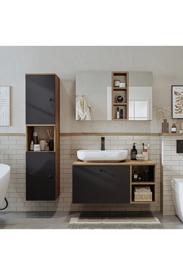 ROOMART "Lavabolu" Mdf 95 Cm Çekmeceli Lotus Oval Lavabolu Banyo Dolabı + Aynalı Üst Dolabı + Boy Dolabı ürün görseli 1