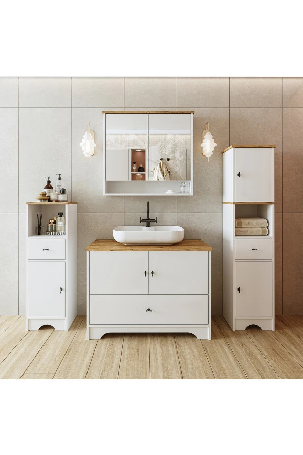 ROOMART Oval Lavabolu Mat Beyaz Mdf 100 Cm Çekmeceli Banyo Dolabı + Aynalı Üst Dolabı + 2 adet Boy Dolabı ürün görseli 1