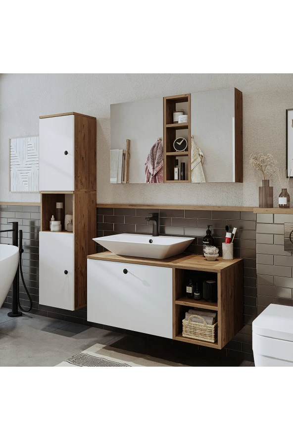 ROOMART Lavabolu Mdf 95 Cm Lotus Çekmeceli Banyo Dolabı + Aynalı Üst Dolabı + Banyo Boy Dolabı ürün görseli 1