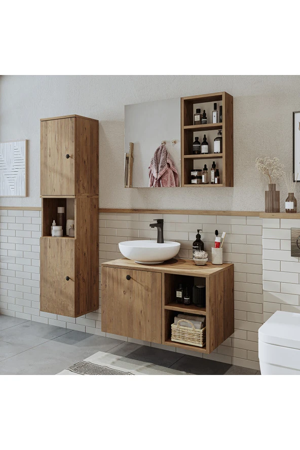 ROOMART Lavabolu Mdf 75 Cm Lotus Çekmeceli Banyo Dolabı + Aynalı Üst Dolabı + Banyo Boy Dolabı ürün görseli 1
