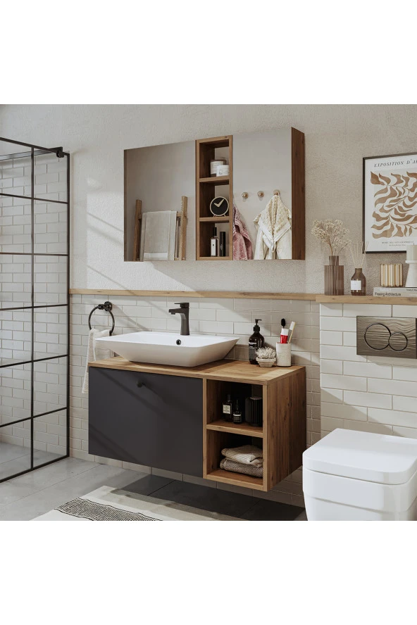 ROOMART Lavabolu Mdf 95 Cm Lotus Çekmeceli Banyo Dolabı + Aynalı Üst Dolabı ürün görseli 1