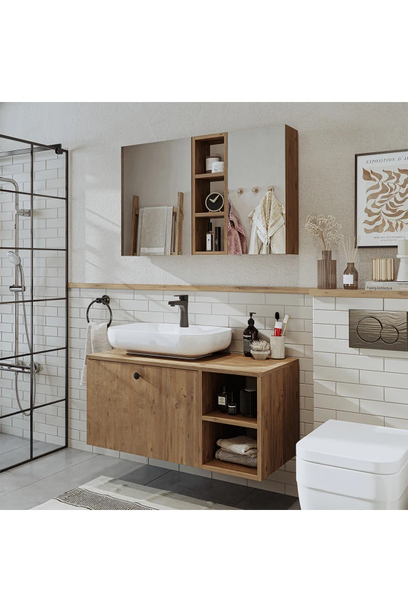ROOMART Ayaksız Lavabolu Mdf 95 Cm Çekmeceli Lotus Oval Lavabolu Banyo Dolabı + Aynalı Üst Dolabı ürün görseli 1
