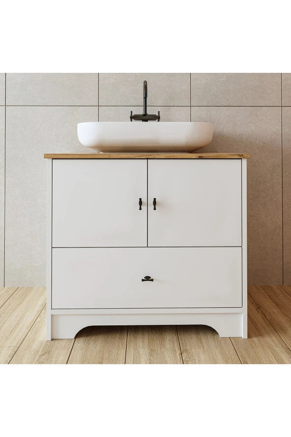 ROOMART Oval Lavabolu Ayaklı 2 Kapaklı Çekmeceli Mat Beyaz Mdf 80 Cm Banyo Dolabı ürün görseli 1
