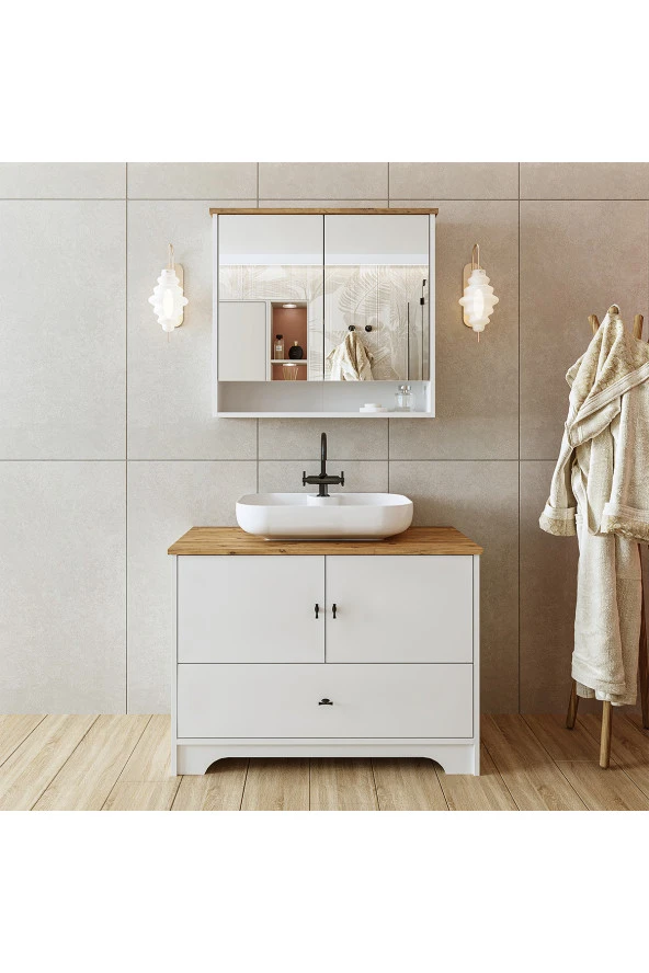 ROOMART Oval Lavabolu Mat Beyaz Mdf 100 Cm Çekmeceli Banyo Dolabı + Aynalı Üst Dolabı ürün görseli 1