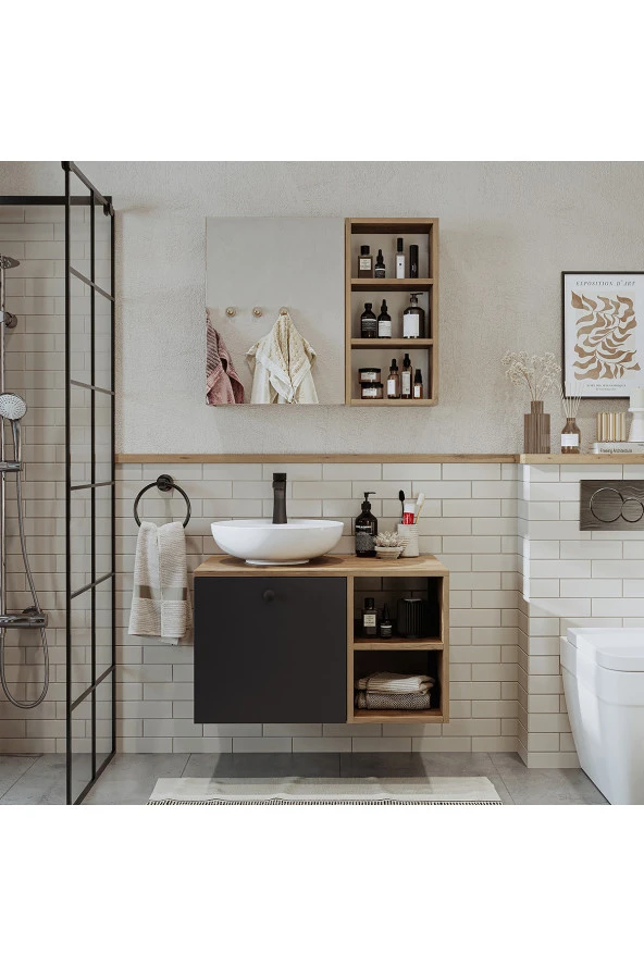ROOMART Lavabolu Mdf 75 Cm Lotus Çekmeceli Banyo Dolabı + Aynalı Üst Dolabı ürün görseli 1