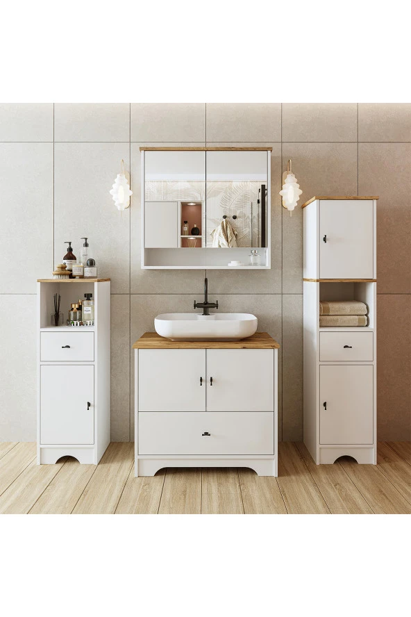 ROOMART Oval Lavabolu Mat Beyaz Mdf 80 Cm Çekmeceli Banyo Dolabı + Aynalı Üst Dolabı + 2 adet Boy Dolabı ürün görseli 1