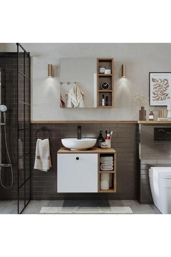 ROOMART Lavabolu Mdf 65 Cm Lotus Çekmeceli Banyo Dolabı + Aynalı Üst Dolabı ürün görseli 1