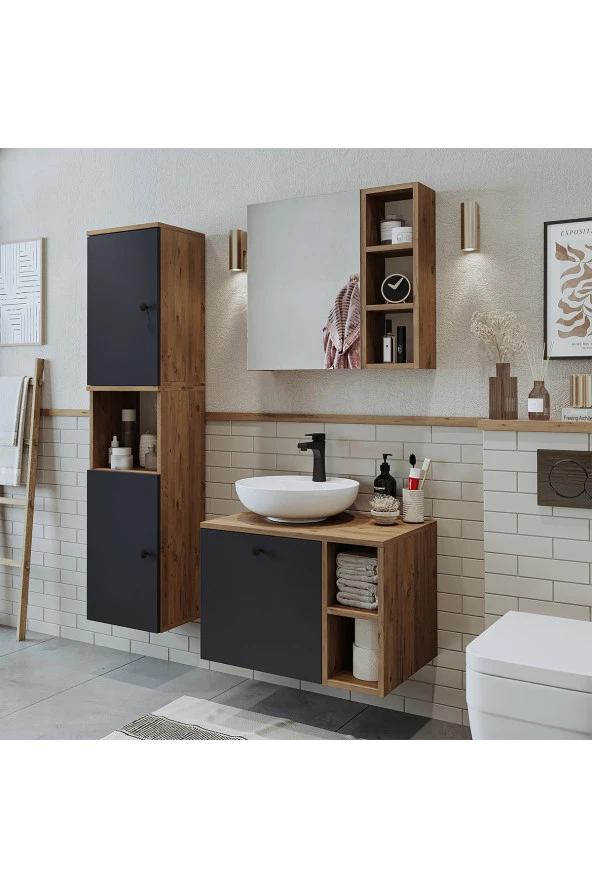 ROOMART Lavabolu Mdf 65 Cm Lotus Çekmeceli Banyo Dolabı + Aynalı Üst Dolabı + Banyo Boy Dolabı ürün görseli 1