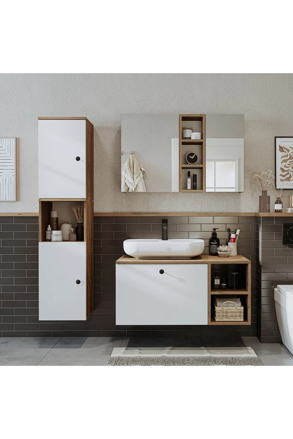 ROOMART "Lavabolu" Mdf 95 cm Çekmeceli Lotus Oval Lavabolu Banyo Dolabı + Aynalı Üst Dolabı + Boy Dolabı ürün görseli 1
