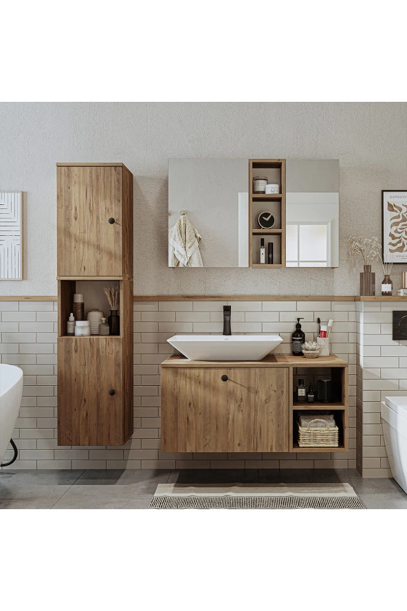 ROOMART Lavabolu Mdf 95 Cm Lotus Çekmeceli Banyo Dolabı + Aynalı Üst Dolabı + Banyo Boy Dolabı ürün görseli 1