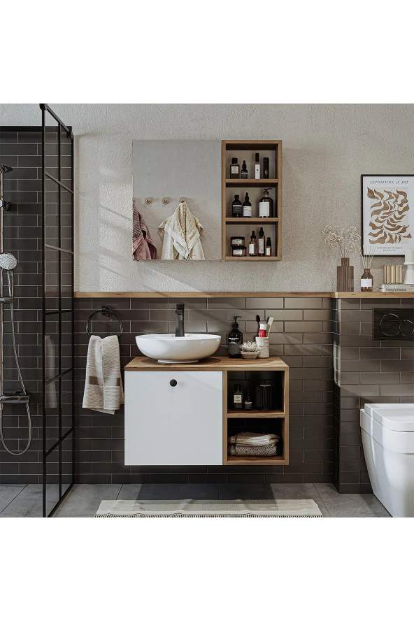 ROOMART Lavabolu Mdf 75 Cm Lotus Çekmeceli Banyo Dolabı + Aynalı Üst Dolabı ürün görseli 1
