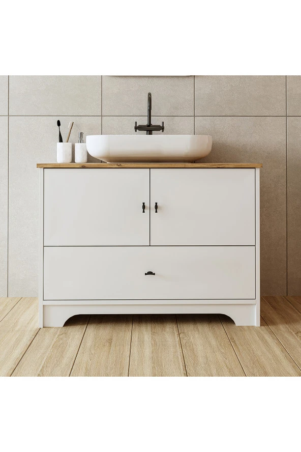 ROOMART Oval Lavabolu Ayaklı 2 Kapaklı Çekmeceli Mat Beyaz Mdf 100 Cm Banyo Dolabı ürün görseli 1