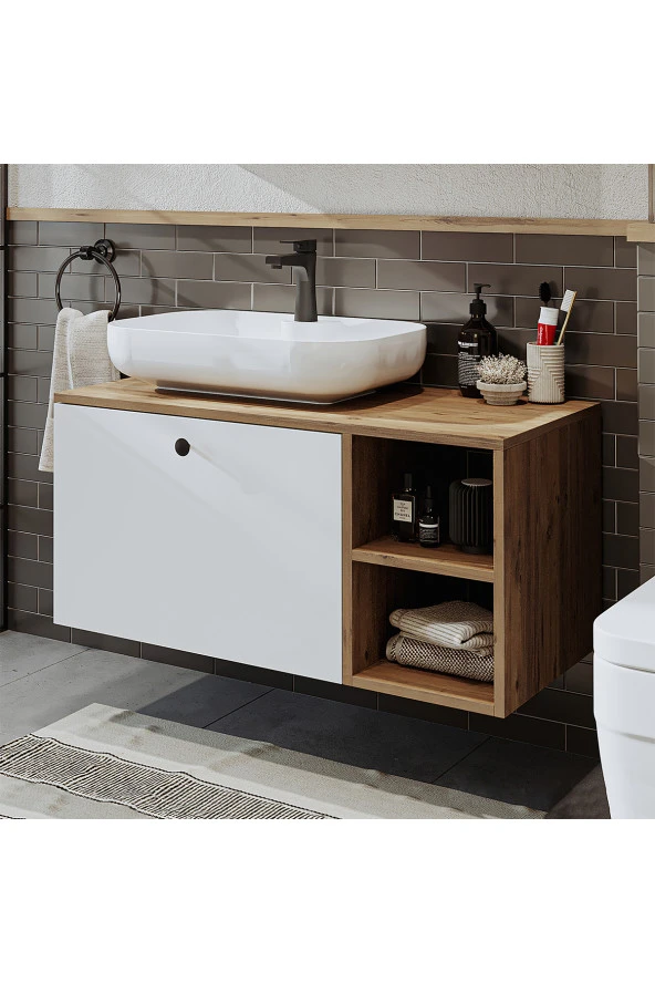 ROOMART Ayaksız Lavabolu Mdf 95 Cm Çekmeceli Lotus Oval Lavabolu Banyo Dolabı ürün görseli 1