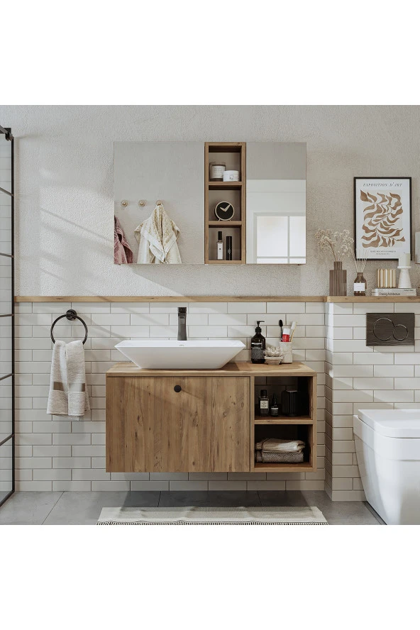 ROOMART Lavabolu Mdf 95 Cm Lotus Çekmeceli Banyo Dolabı + Aynalı Üst Dolabı ürün görseli 1