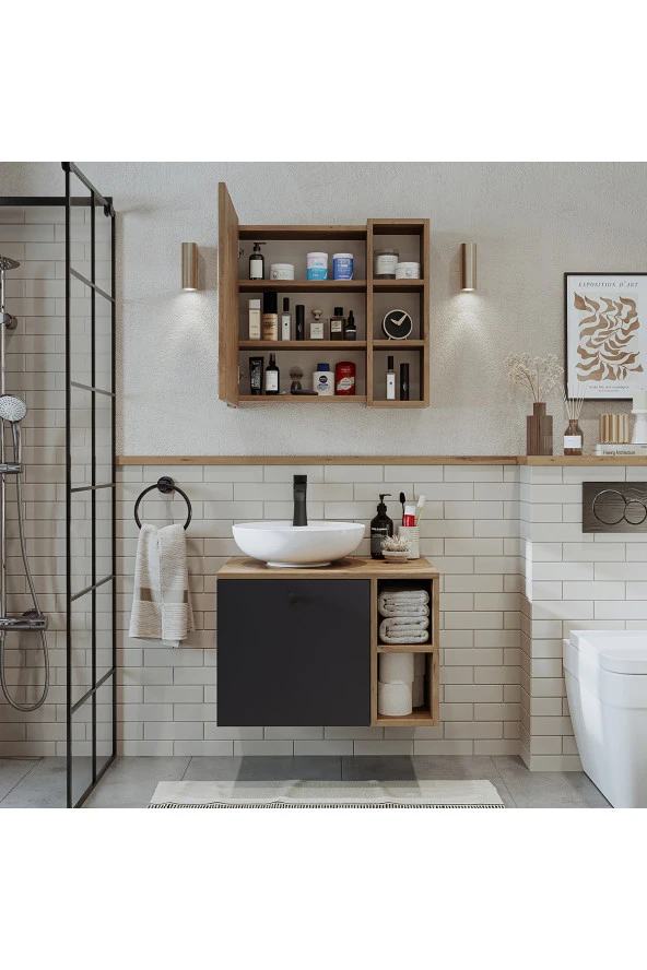 ROOMART Lavabolu Mdf 65 cm Lotus Çekmeceli Banyo Dolabı + Aynalı Üst Dolabı ürün görseli 1
