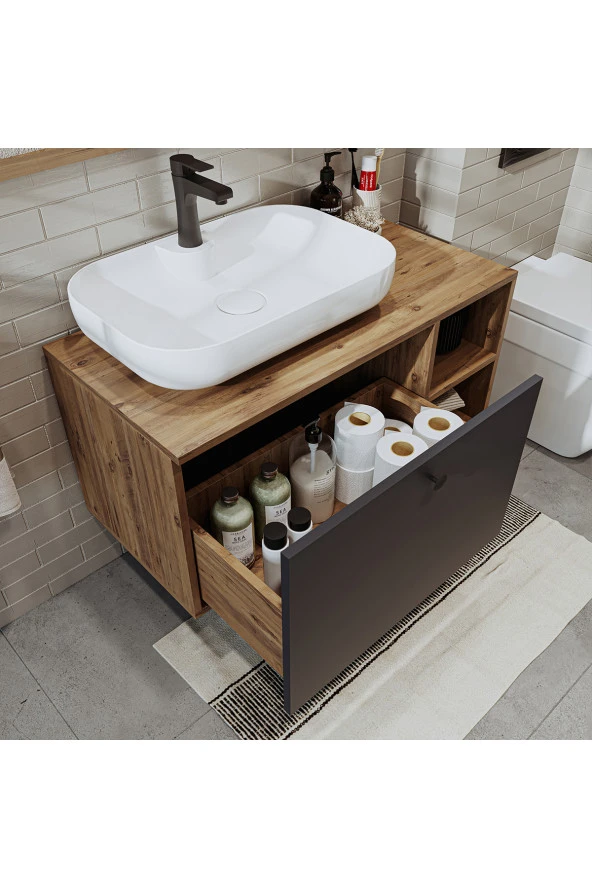 ROOMART Ayaksız Lavabolu Mdf 95 Cm Çekmeceli Lotus Oval Lavabolu Banyo Dolabı ürün görseli 1