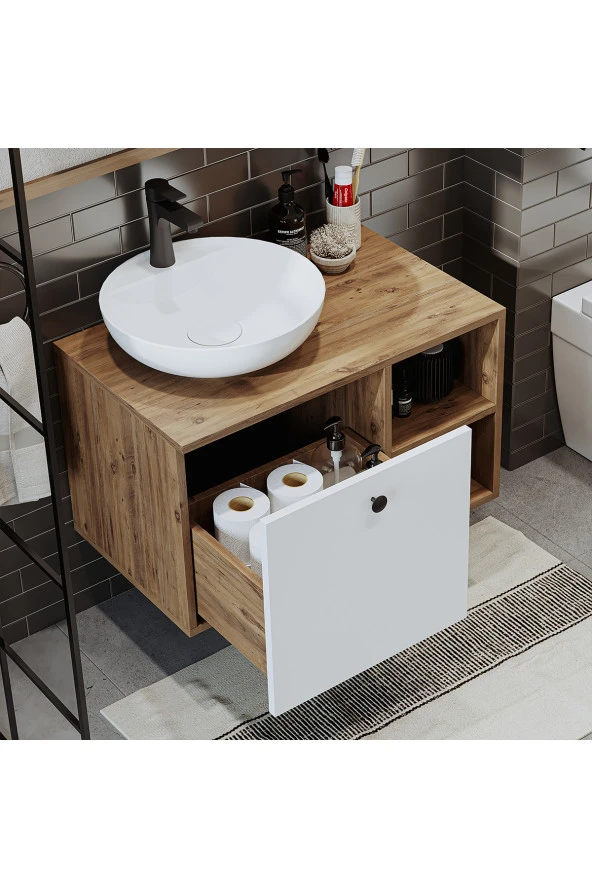 ROOMART Ayaksız Lavabolu Mdf 75 Cm Çekmeceli Banyo Dolabı ürün görseli 1