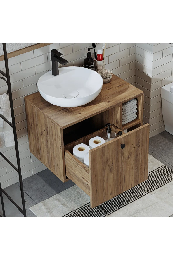 ROOMART Lavabolu Mdf 65 Cm Lotus Çekmeceli Banyo Dolabı + Aynalı Üst Dolabı + Banyo Boy Dolabı ürün görseli 1