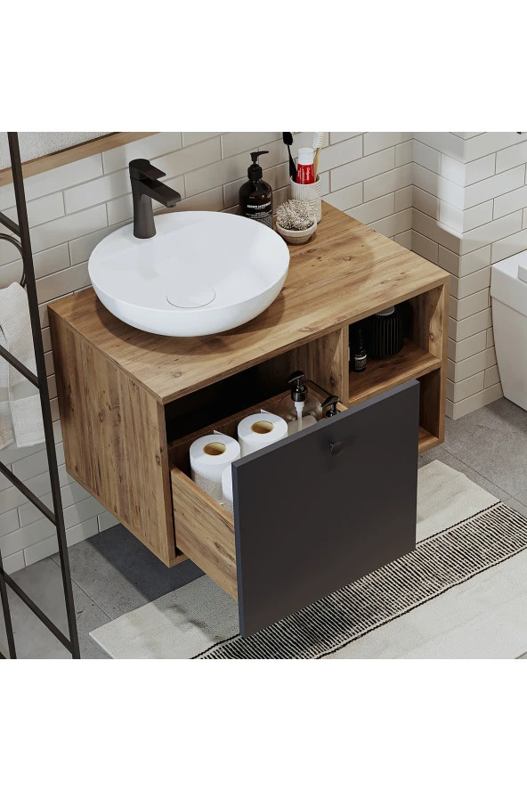 ROOMART Lavabolu Mdf 75 Cm Lotus Çekmeceli Banyo Dolabı + Aynalı Üst Dolabı + Banyo Boy Dolabı ürün görseli 1
