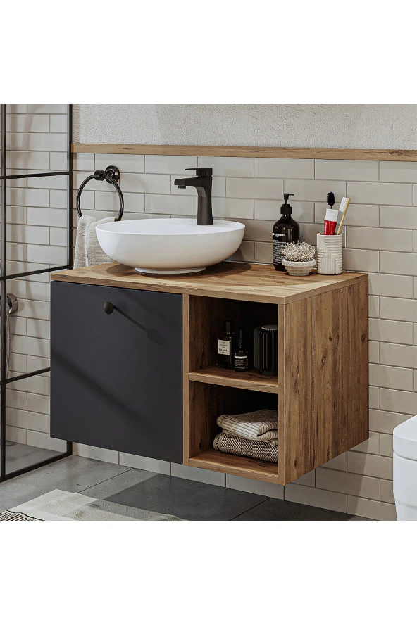 ROOMART Ayaksız Lavabolu Mdf 75 Cm Çekmeceli Banyo Dolabı ürün görseli 1