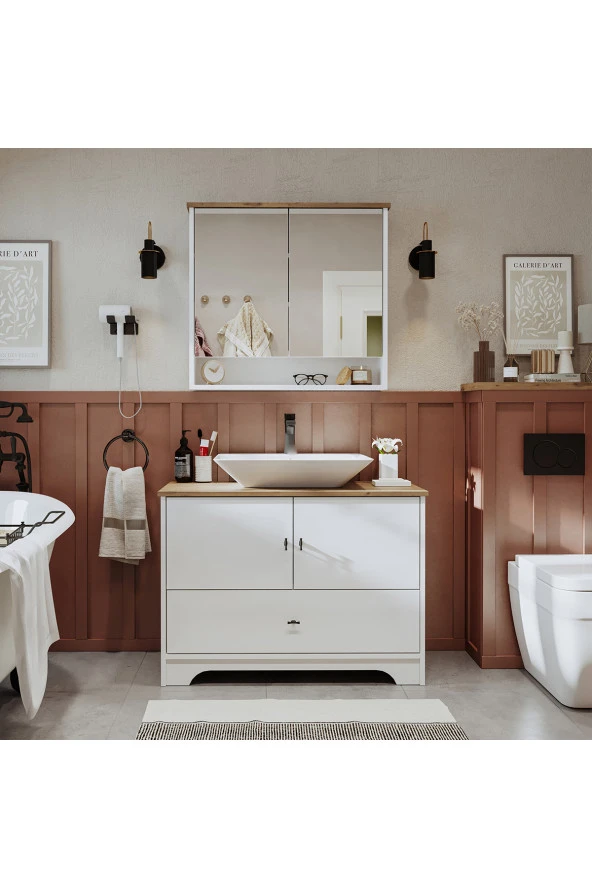 ROOMART Lavabolu Mat Beyaz Mdf 100 Cm Çekmeceli Banyo Dolabı + Aynalı Üst Dolabı ürün görseli 1
