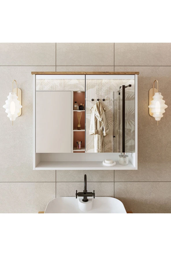 ROOMART Banos Banyo Kulpsuz 2 Kapaklı Mat Beyaz Mdf 82 Cm Aynalı Banyo Üst Dolabı ürün görseli 1