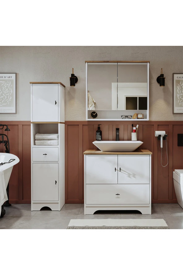 ROOMART Lavabolu Mat Beyaz Mdf 80 Cm Çekmeceli Banyo Dolabı + Aynalı Üst Dolabı + Boy Dolabı ürün görseli 1